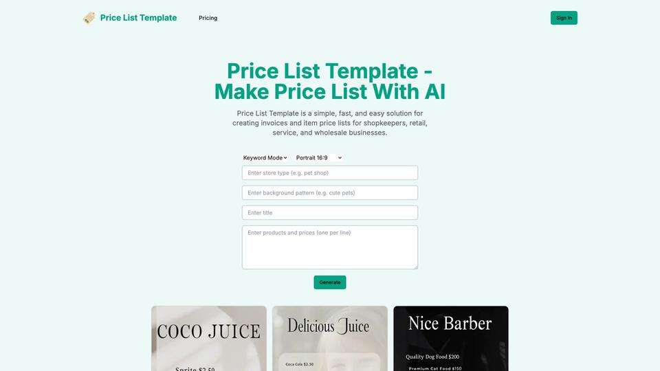 Free Price List Template AI Tool image